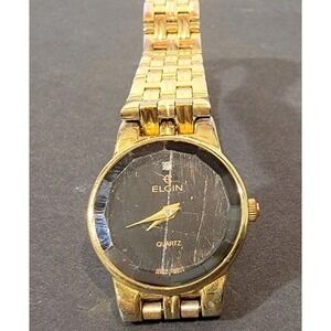 Elgin Gold‎ Tone Stainless Steel Black Dial Face Watch EM178136 VX10